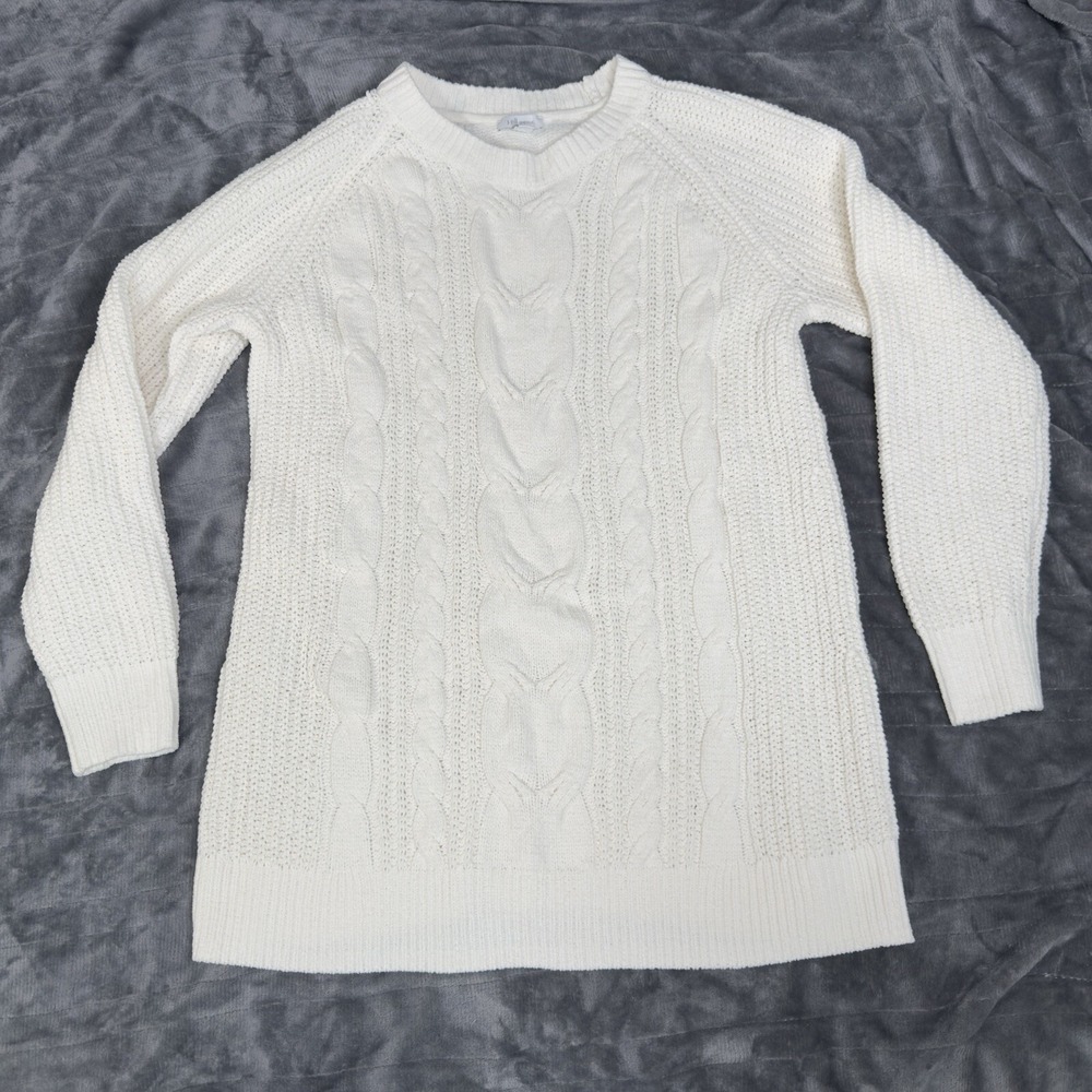J Jill Sweater Women Ivory Cable Knit Chenille Pullover Fisherman Cozy Soft